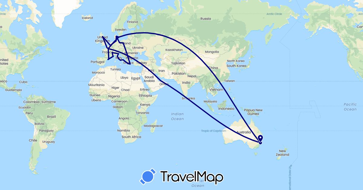 TravelMap itinerary: driving in United Arab Emirates, Australia, Belgium, Switzerland, Germany, Denmark, Spain, France, United Kingdom, Greece, Italy, Poland (Asia, Europe, Oceania)